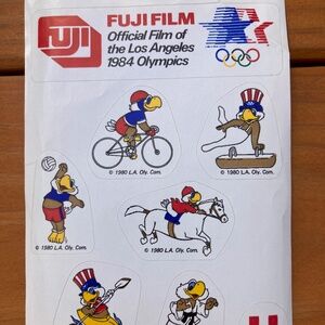 1984 Olympics Fuji Film Stickers, Sam the Eagle, Sports Equestrian, Gymnastics